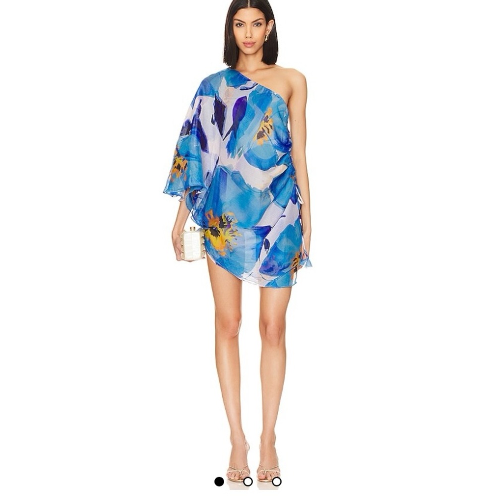 Misa Los Angeles Asymmetrical Blue and White Cocktail Dress